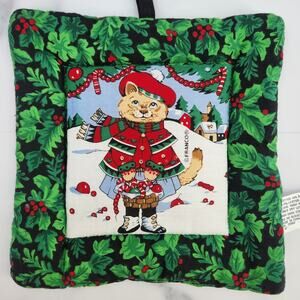 Vintage Potholder Christmas Scottish Cat Franco 7" X 7" Winter Scene Holidays